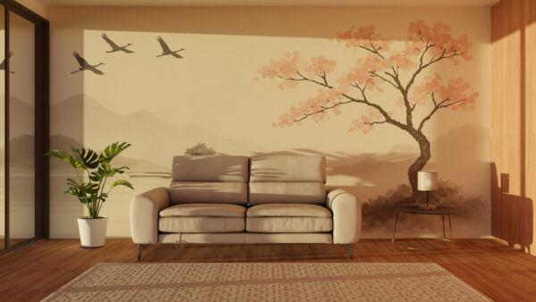 Tranquil Flight – Japanese Crane Blossom Wallpaper