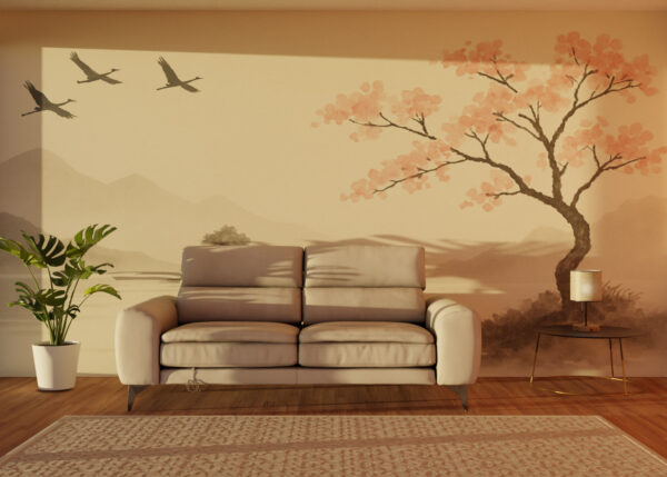 Tranquil Flight – Japanese Crane Blossom Wallpaper