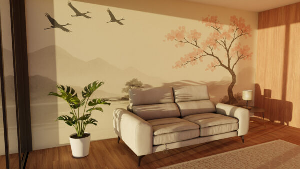 Tranquil Flight – Japanese Crane Blossom Wallpaper - Image 3