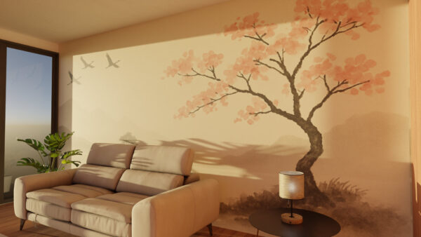 Tranquil Flight – Japanese Crane Blossom Wallpaper - Image 4