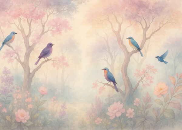 Enchanted Woodland Chorus – Pastel Birds and Blooms Mural