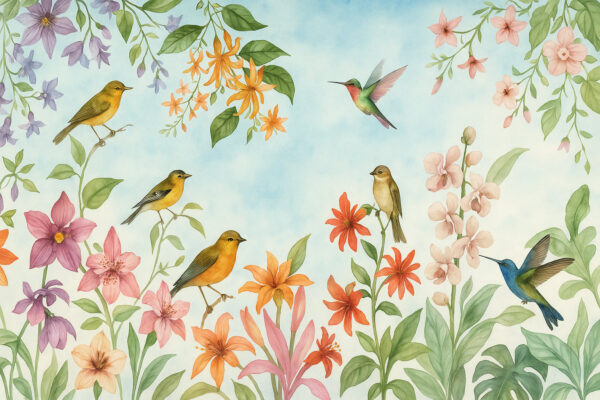 Birdsong in Bloom – Watercolor Garden Birds Mural Wallpaper