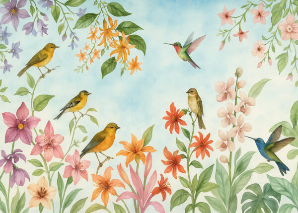 Birdsong in Bloom – Watercolor Garden Birds Mural Wallpaper