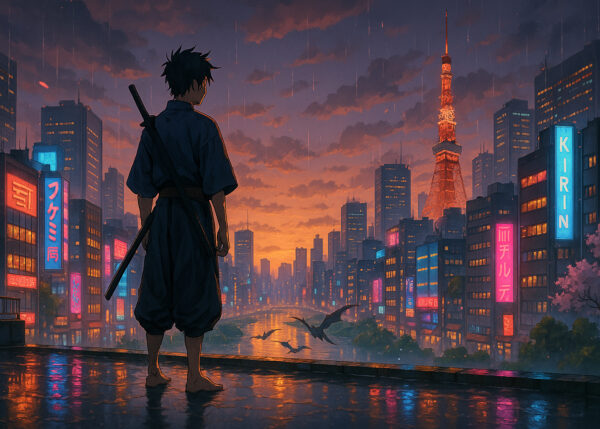 Neon Samurai in Tokyo Wallpaper