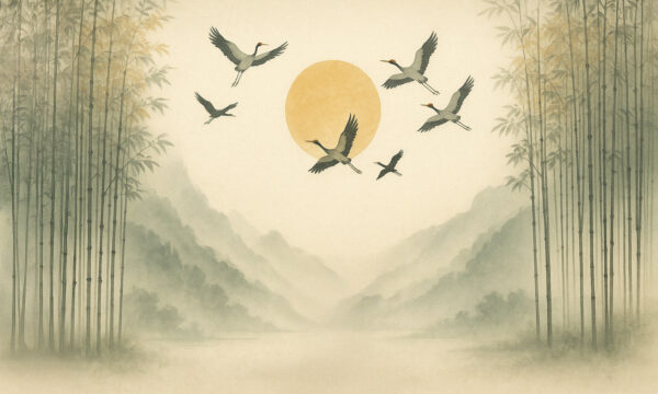 Tranquil Cranes – Japanese Zen Landscape Wallpaper