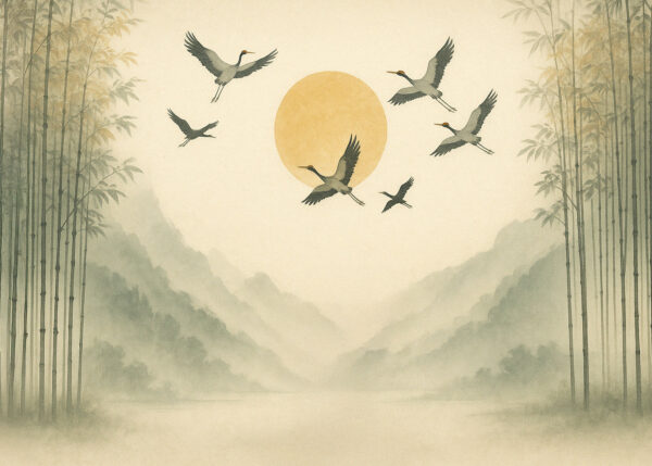 Tranquil Cranes – Japanese Zen Landscape Wallpaper