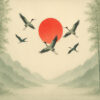 Cranes at Sunrise – Red Sun Over Bamboo Valley Wallpaper