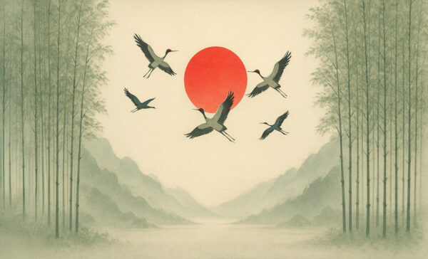 Cranes at Sunrise – Red Sun Over Bamboo Valley Wallpaper