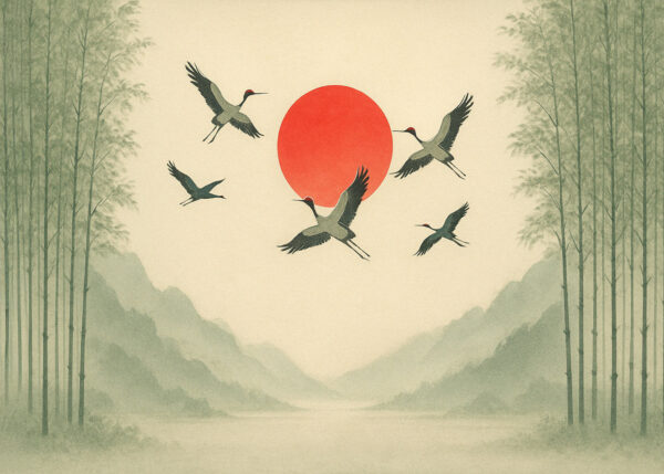 Cranes at Sunrise – Red Sun Over Bamboo Valley Wallpaper