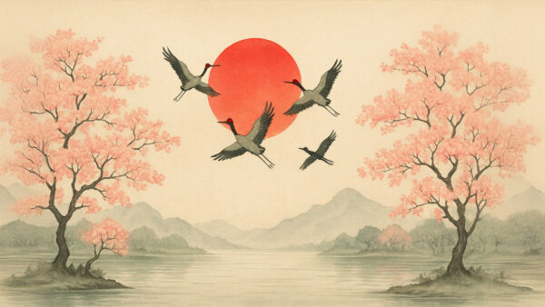 Crimson Sun & Cherry Blossoms – Tranquil Japanese Crane Mural