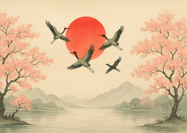 Crimson Sun & Cherry Blossoms – Tranquil Japanese Crane Mural