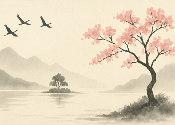Sakura Serenity – Japanese Ink Landscape with Flying Cranes