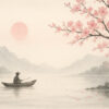 Sakura Drift – Japanese Water Ink Mural with Fisherman and Blossom Tree