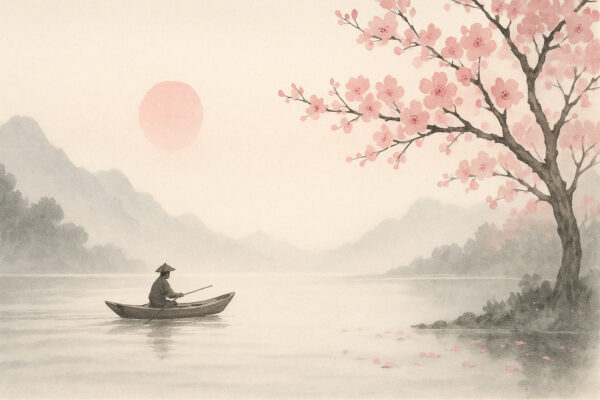 Sakura Drift – Japanese Water Ink Mural with Fisherman and Blossom Tree