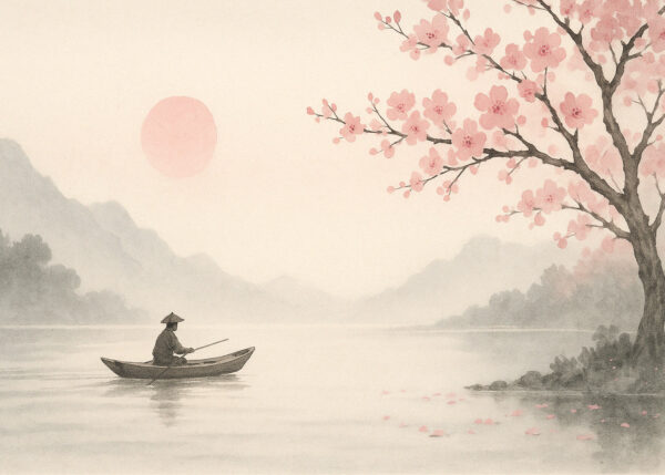 Sakura Drift – Japanese Water Ink Mural with Fisherman and Blossom Tree