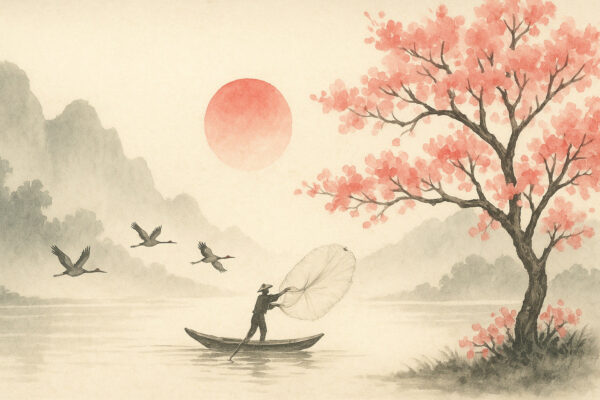 Crane Flight – Japanese Fisherman and Sakura Tree Wall Mural