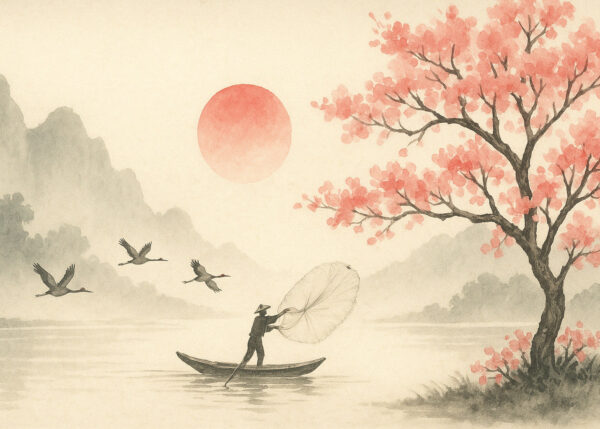 Crane Flight – Japanese Fisherman and Sakura Tree Wall Mural