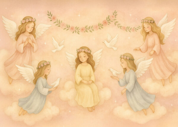 Peaceful Angels in Rose Sky – Angelic Nursery Wallpaper