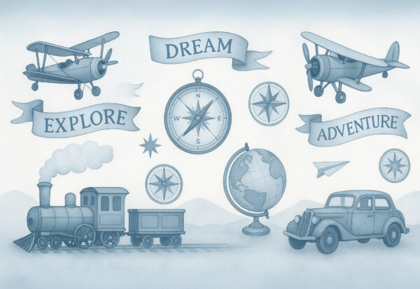 Explore Dream Adventure – Blue Travel Nursery Wallpaper