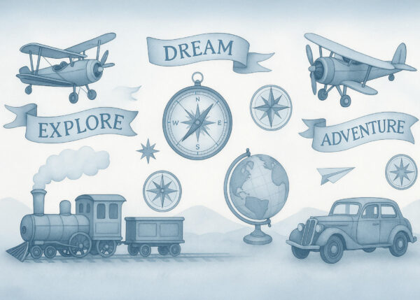 Explore Dream Adventure – Blue Travel Nursery Wallpaper