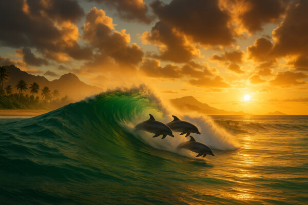 Golden Surf – Sunset Wave & Dolphins Canvas