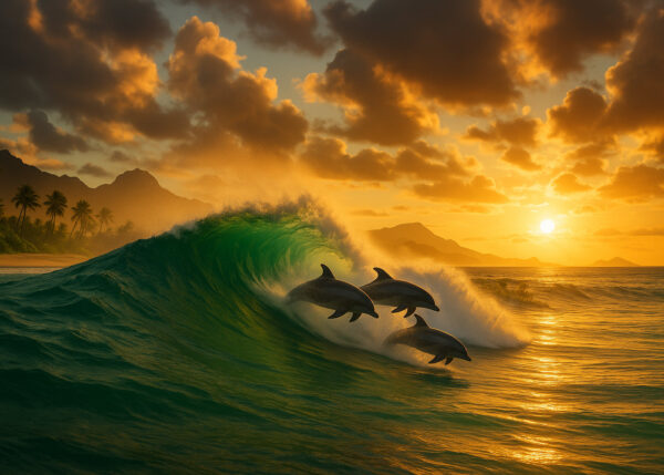 Golden Surf – Sunset Wave & Dolphins Canvas