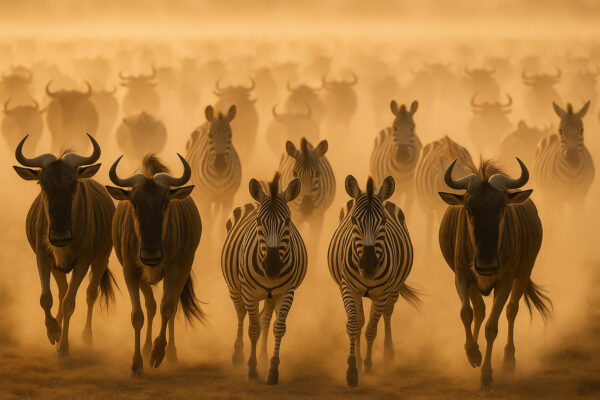 Golden Stampede – Zebras & Wildebeests in Motion Wallpaper