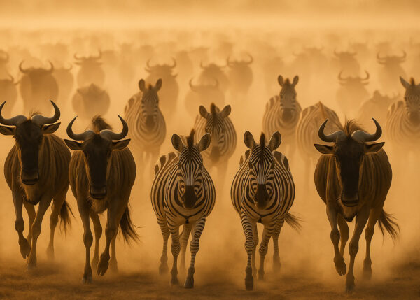 Golden Stampede – Zebras & Wildebeests in Motion Wallpaper
