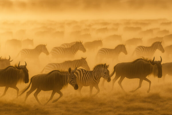 Dust Trail – Wildebeests & Zebras in Hazy Migration Wallpaper