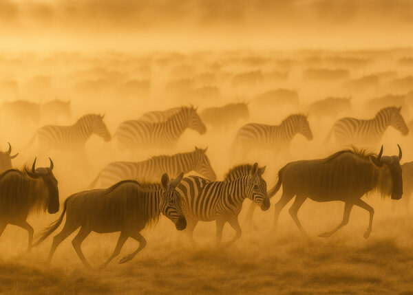 Dust Trail – Wildebeests & Zebras in Hazy Migration Wallpaper