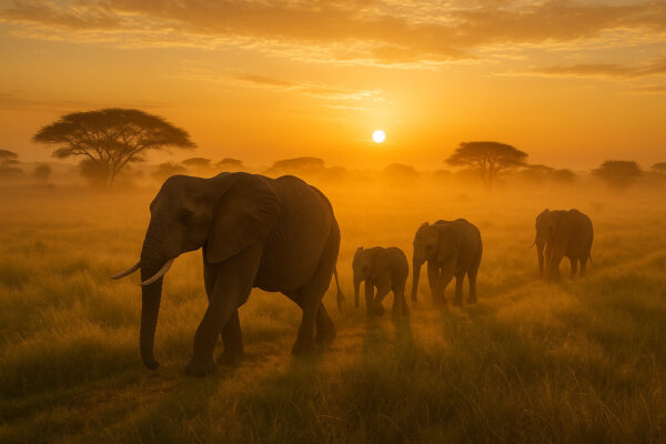 Sunrise March – Elephant Herd in Golden Light Wallpaper