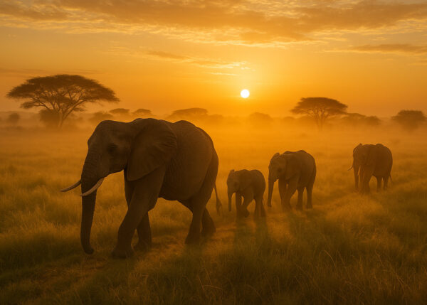Sunrise March – Elephant Herd in Golden Light Wallpaper