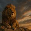 King of Dusk – Majestic Lion Sunset Wallpaper