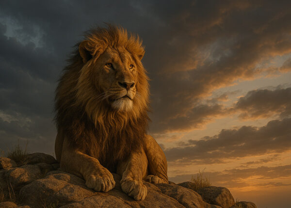 King of Dusk – Majestic Lion Sunset Wallpaper