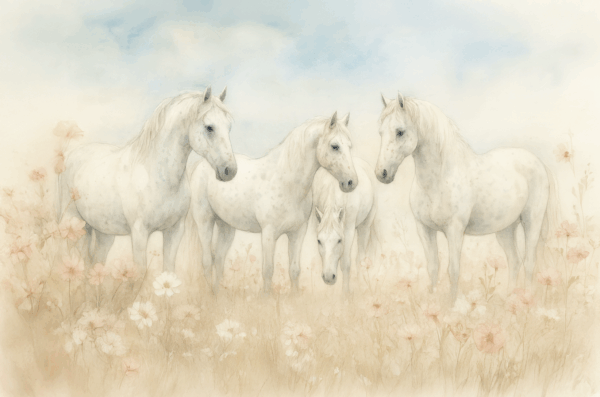 Moonlit Herd – Watercolor White Horses in Wildflower Field Wallpaper