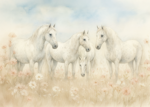 Moonlit Herd – Watercolor White Horses in Wildflower Field Wallpaper
