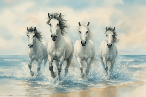 Ocean Run – Watercolor White Horses on Shoreline Mural Wallpaper
