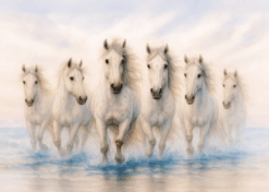 Celestial Gallop – White Horses in Soft Sunset Surf Wallpaper