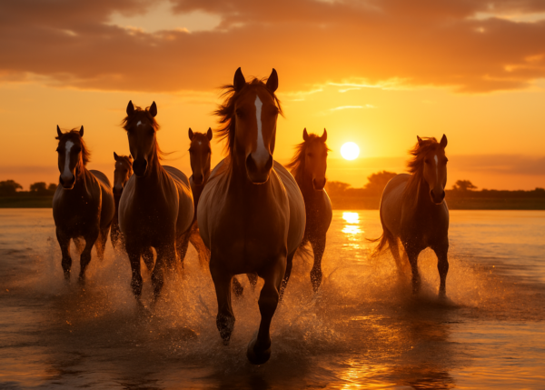 Golden Stampede – Sunset Horses Running Through Water Canvas