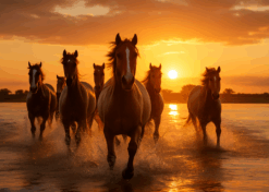 Crimson Charge – Wild Horses at Sunset Water Mural Wallpaper