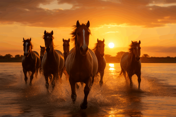 Crimson Charge – Wild Horses at Sunset Water Mural Wallpaper
