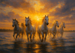 Golden Ascent – Painterly White Horses in Sunset Waters Mural Wallpaper