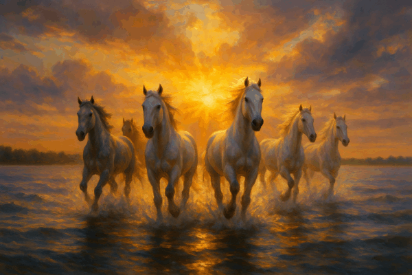 Golden Ascent – Painterly White Horses in Sunset Waters Mural Wallpaper