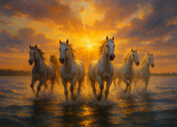 Golden Ascent – Painterly White Horses in Sunset Waters Mural Wallpaper