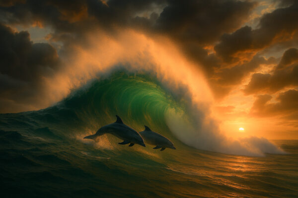 Sunset Riders – Dolphins in the Curl Canvas