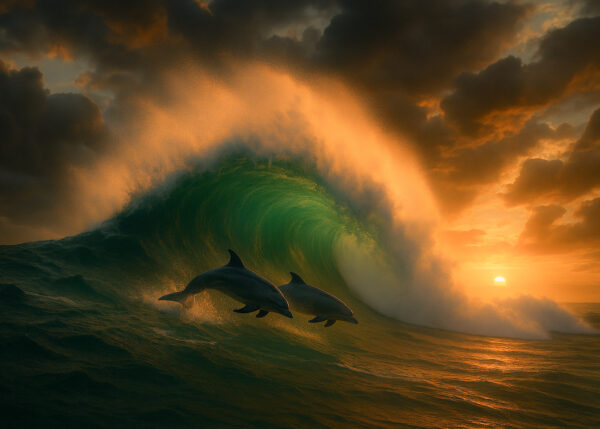 Sunset Riders – Dolphins in the Curl Canvas