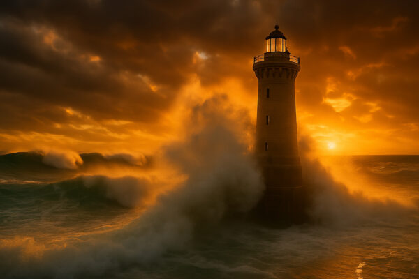 Solstice Beacon – Lighthouse at Sunset Storm Canvas