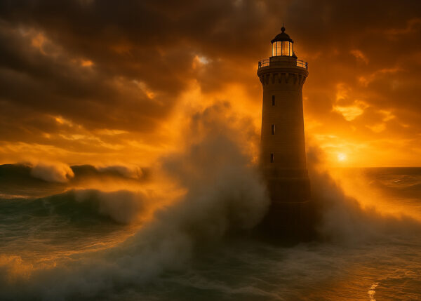 Solstice Beacon – Lighthouse at Sunset Storm Canvas