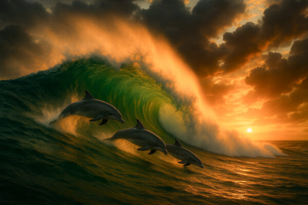 Sunset Surge – Dolphins in Golden Curl Canvas
