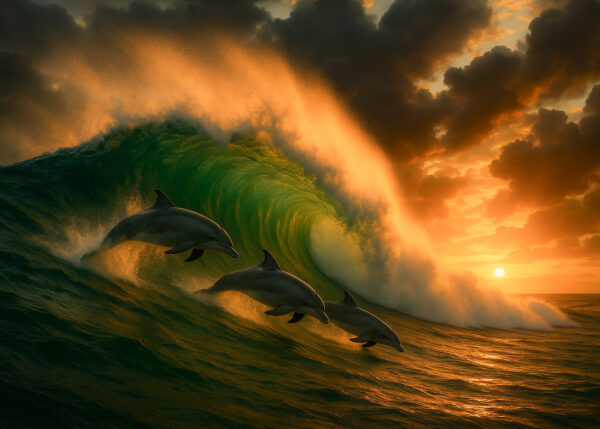 Sunset Surge – Dolphins in Golden Curl Canvas
